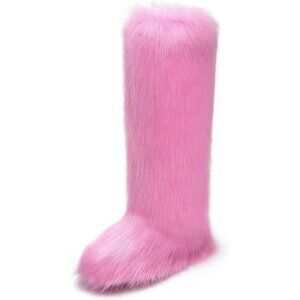 ⚡Women Pink Faux Fur Fluffy Cosy Round Toe Knee High Warm Outdoor Fur Boot